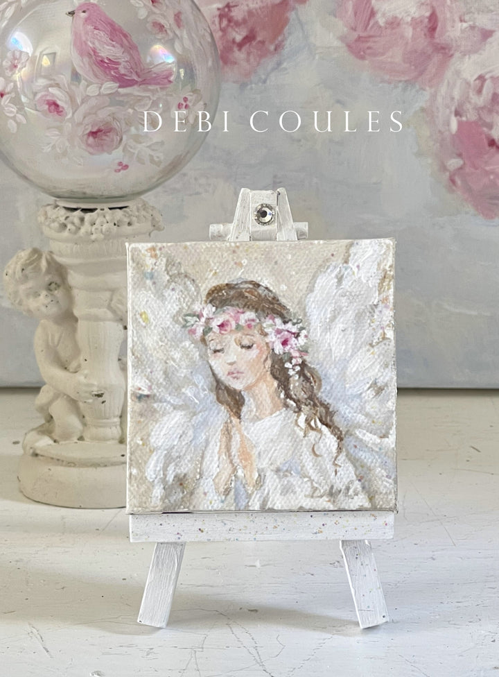 Holiday Angel  With Roses Painting Ornament On Easel With Swarovski by Debi Coules