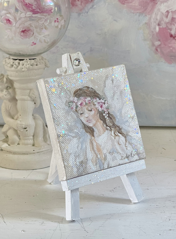 Holiday Angel  With Roses Painting Ornament On Easel With Swarovski by Debi Coules