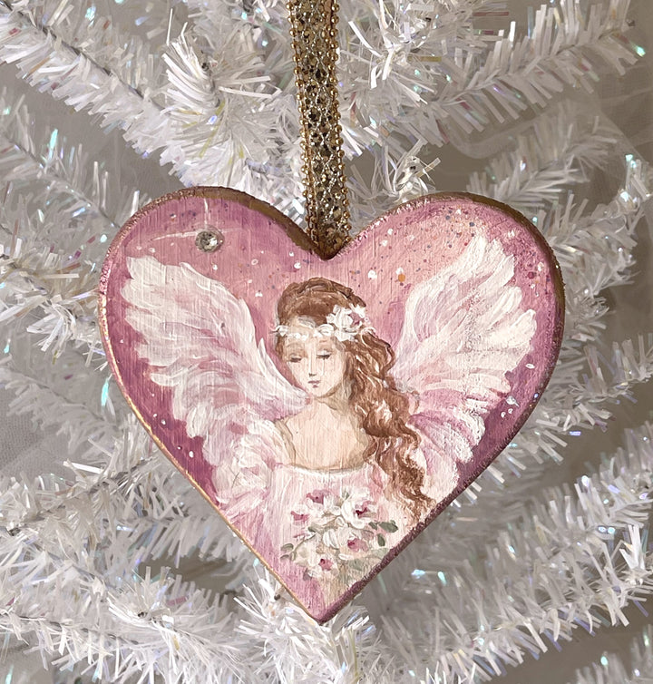 Angel Heart Ornament With Pink Roses Swarovski Rhinestone Crystals Shabby Chic Original Debi Coules