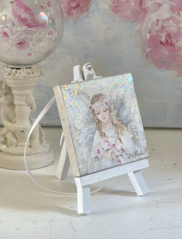 Holiday Angel Painting Ornament On Easel With Swarovski by Debi Coules