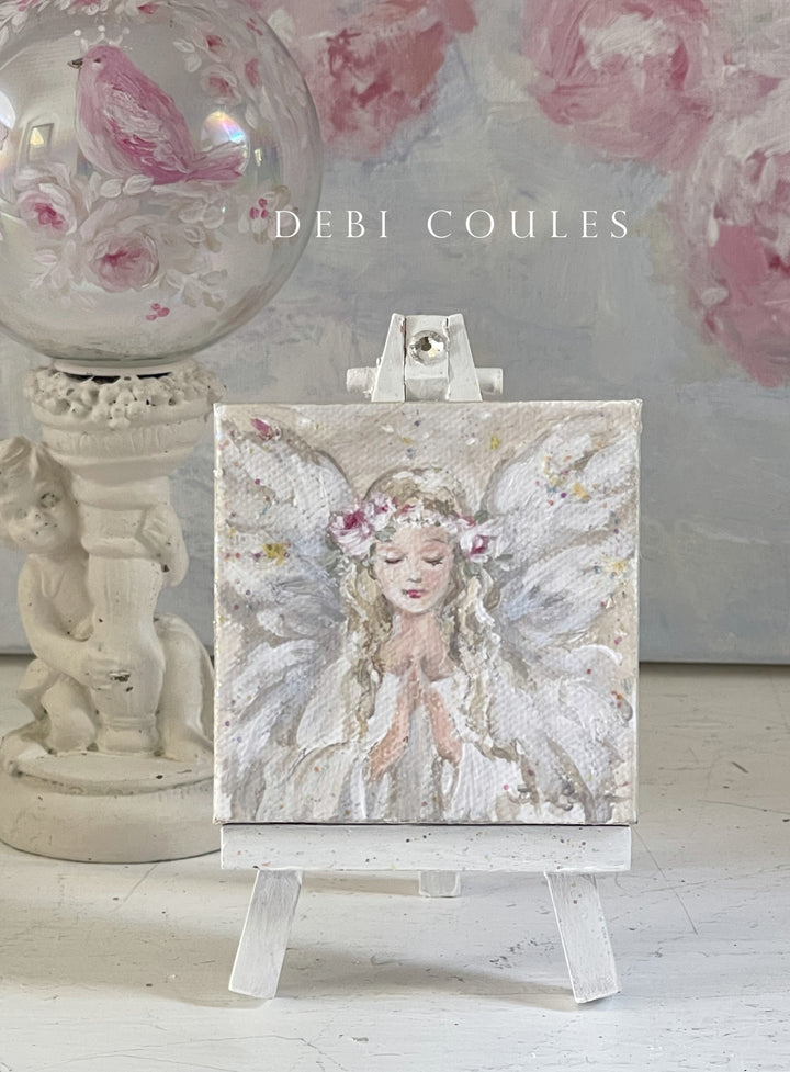 Holiday Angel With Roses Crown Painting Ornament On Easel With Swarovski by Debi Coules