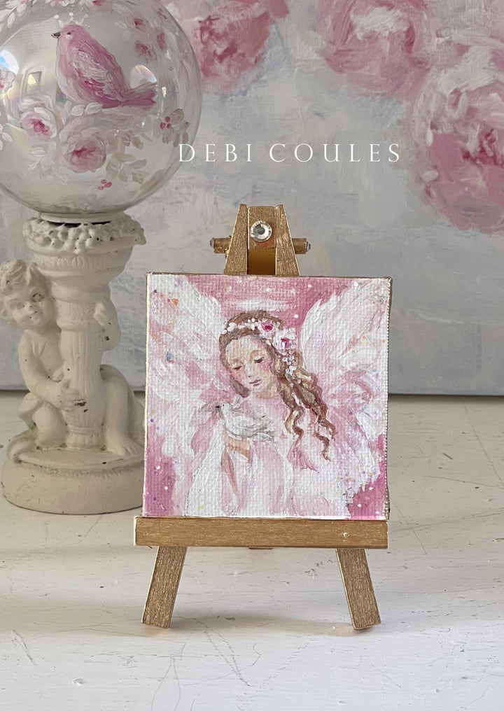 Holiday Angel With Roses Crown Painting Ornament On Easel With Swarovski Original by Debi Coules