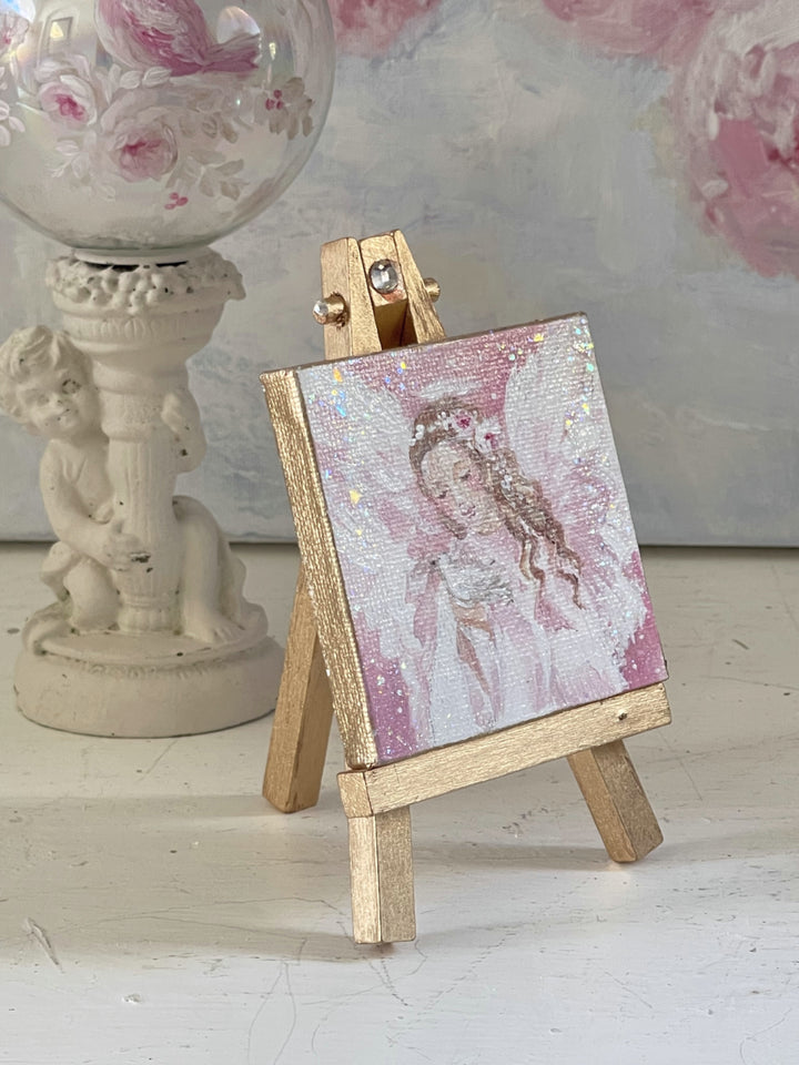 Holiday Angel With Roses Crown Painting Ornament On Easel With Swarovski Original by Debi Coules