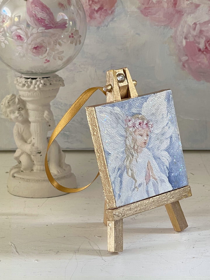 Holiday Angel With Roses Painting Ornament On Easel With Swarovski Original by Debi Coules