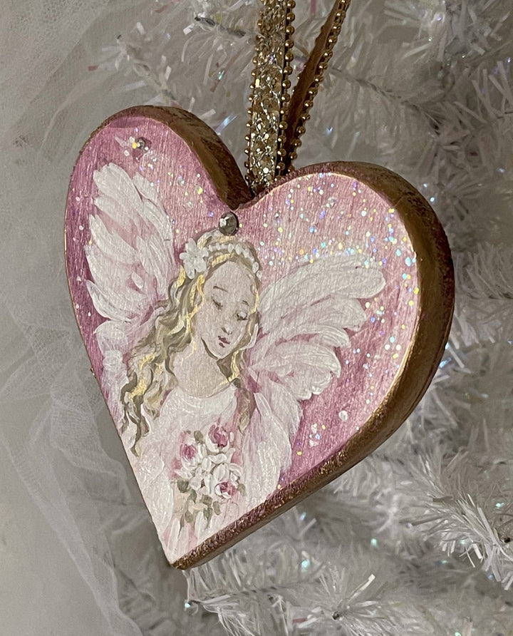 Angel Pink Heart With Roses and Swarovski Crystal Rhinestones Shabby Chic Original Debi Coules