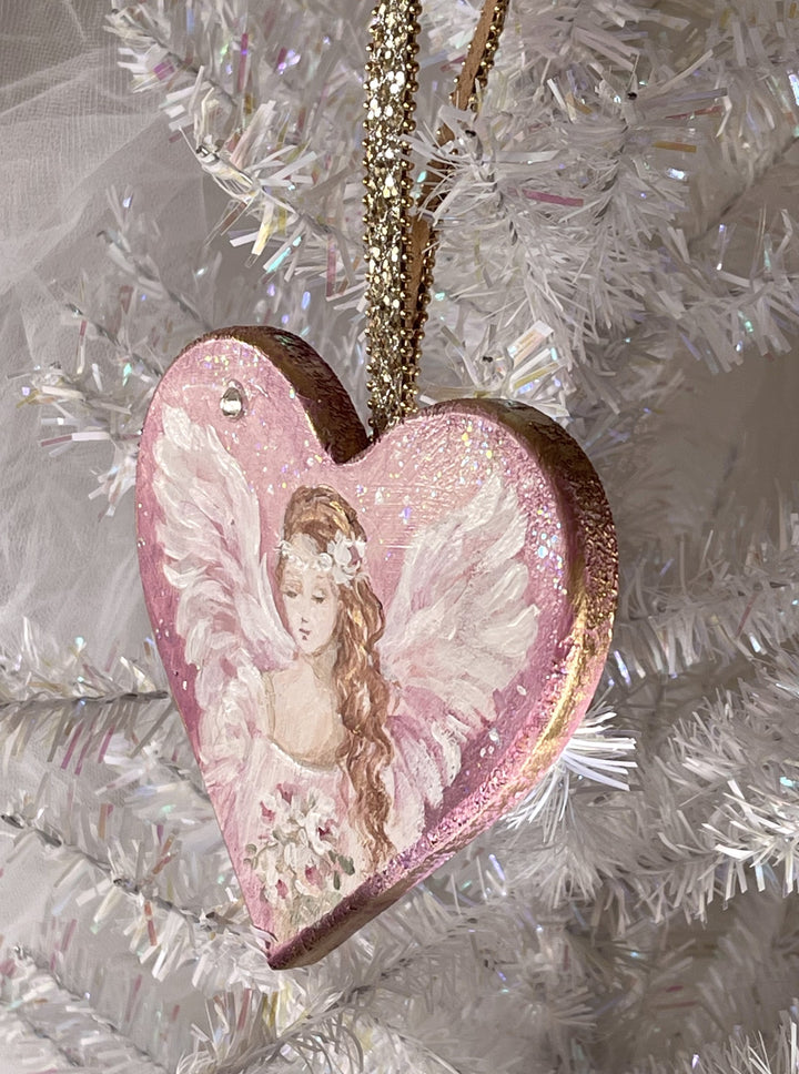 Angel Heart Ornament With Pink Roses Swarovski Rhinestone Crystals Shabby Chic Original Debi Coules