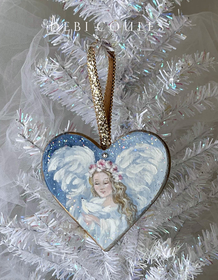 Angel Holding Dove Heart Ornament Pink Rose Crown Swarovski Rhinestone Shabby Chic Original