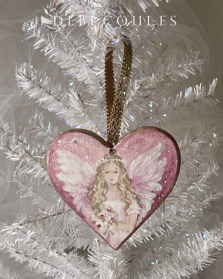 Angel Heart Ornament With Pink Roses Swarovski Rhinestone Crystals Shabby Chic Original Debi Coules