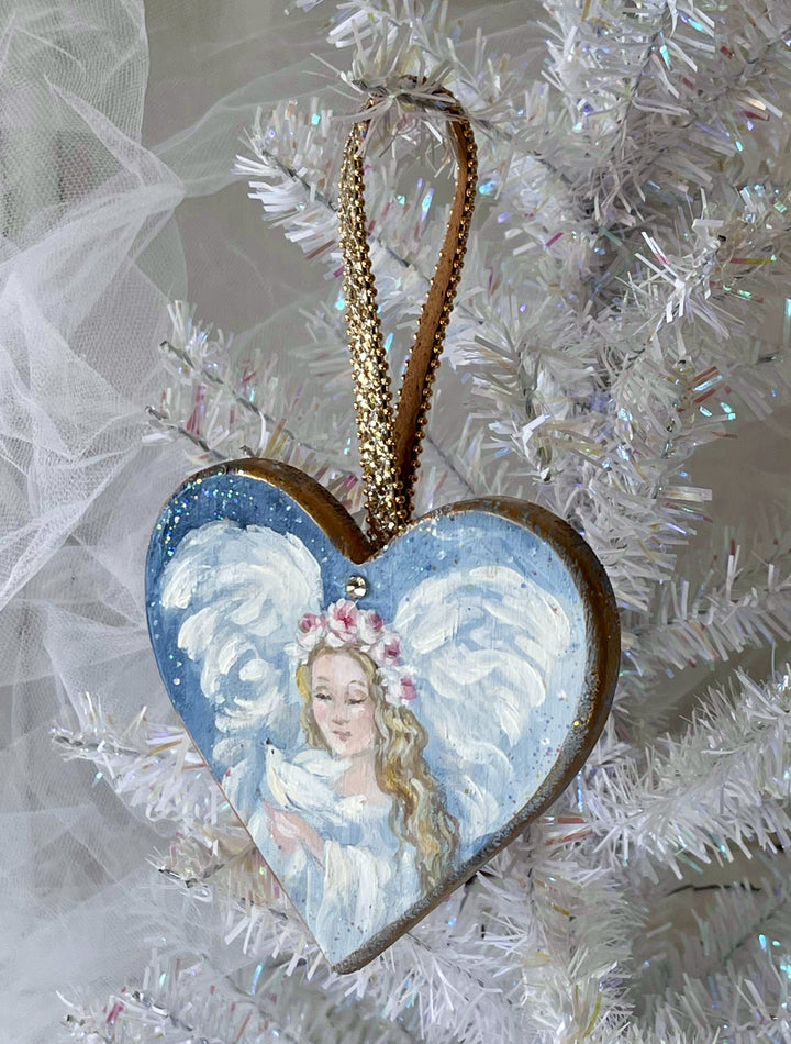 Angel Holding Dove Heart Ornament Pink Rose Crown Swarovski Rhinestone Shabby Chic Original
