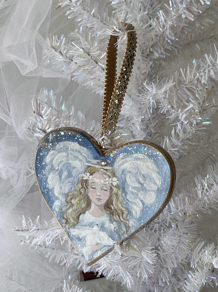 Angel Holding Dove Heart Ornament Swarovski Rhinestone Shabby Chic Original Debi Coules