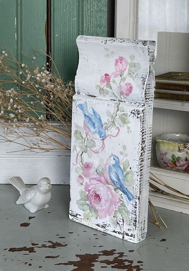 Hand Painted Shabby Chic Bluebirds and Roses on Antique Plinth Block – by Debi Coules