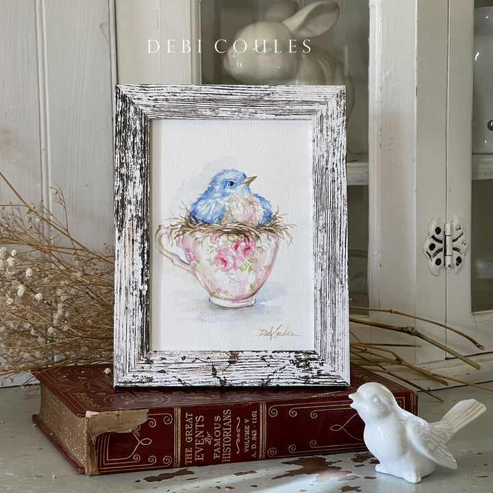 A Cozy Cup of Love – Original Bluebird Watercolor Painting  by Debi Coules