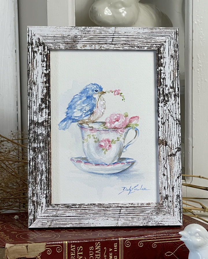 Sweet Bluebird in a Teacup – Original Bluebird Watercolor Painting  by Debi Coules