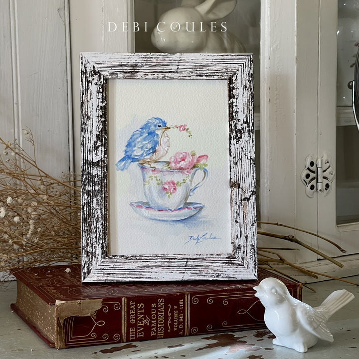 Sweet Bluebird in a Teacup – Original Bluebird Watercolor Painting  by Debi Coules
