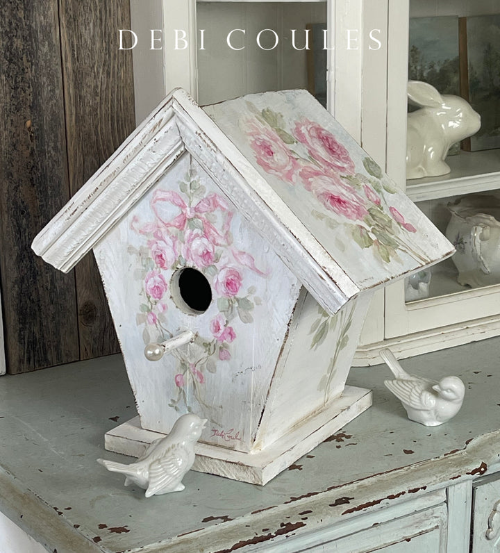 Shabby Chic  Large Hand-Painted Birdhouse with Roses, Bluebird and  Vintage Glass Pearl Perch – Signed by Debi Coules