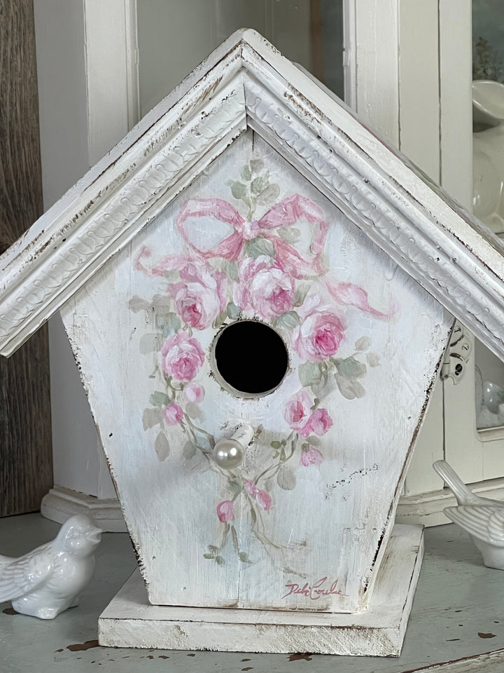 Shabby Chic  Large Hand-Painted Birdhouse with Roses, Bluebird and  Vintage Glass Pearl Perch – Signed by Debi Coules
