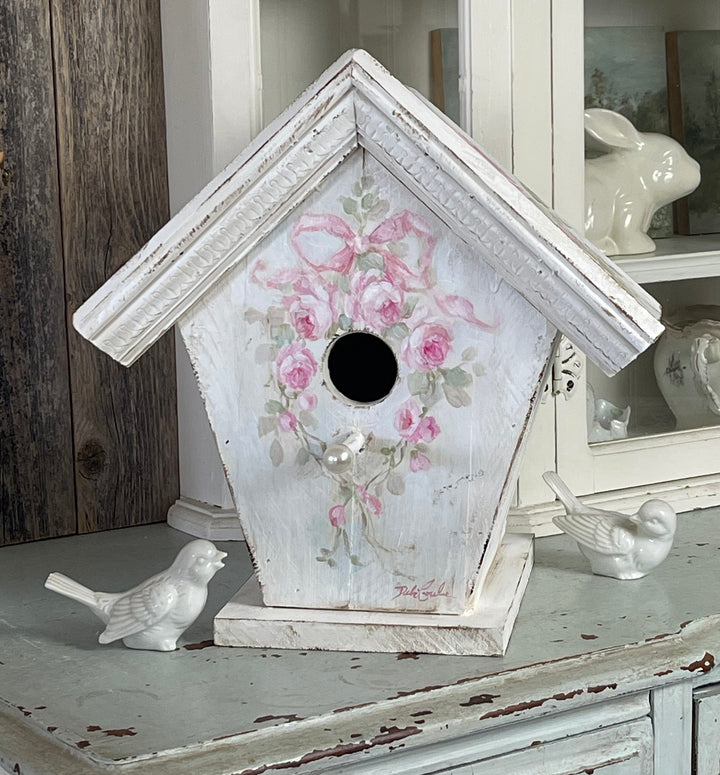 Shabby Chic  Large Hand-Painted Birdhouse with Roses, Bluebird and  Vintage Glass Pearl Perch – Signed by Debi Coules