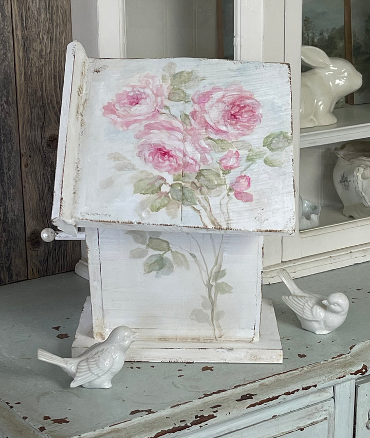 Shabby Chic  Large Hand-Painted Birdhouse with Roses, Bluebird and  Vintage Glass Pearl Perch – Signed by Debi Coules