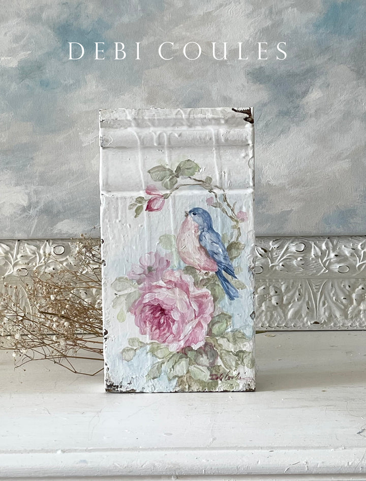Shabby Chic Plinth Block Antique Bluebird and Roses Original by Debi Coules