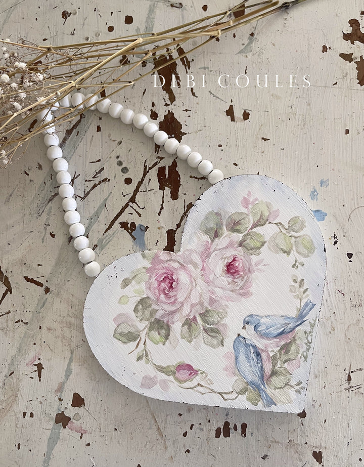 Shabby Chic Mother's Day Gift Large Wood Bluebird Roses Hand- Painted Heart by Debi Coules