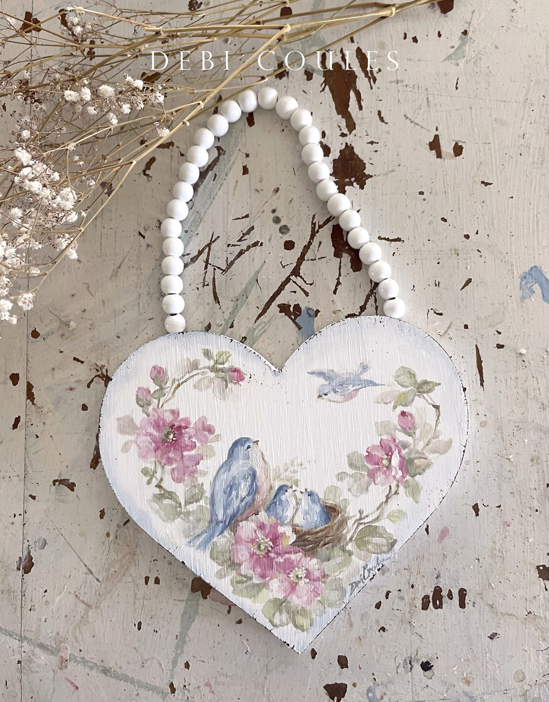 Shabby Chic Mother's Day Gift Large Wood Bluebird Roses and Nest With Baby Bluebirds by Debi Coules