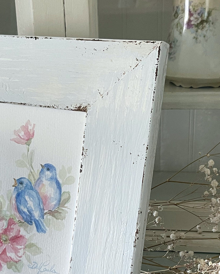 Shabby Chic Bluebird Serenade in Vintage Frame Original Watercolor Painting by Debi Coules