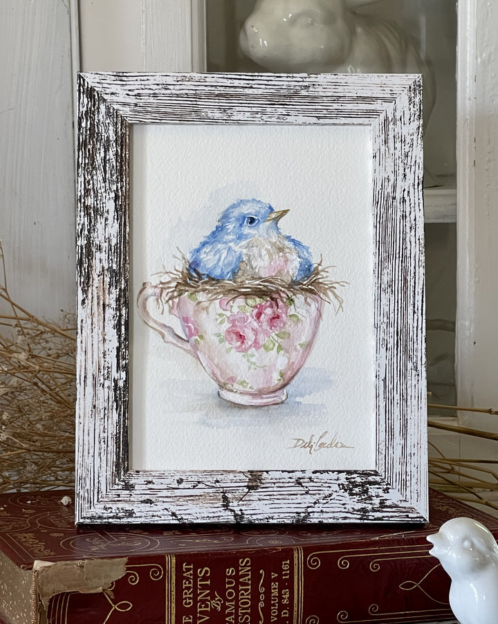 A Cozy Cup of Love – Original Bluebird Watercolor Painting  by Debi Coules