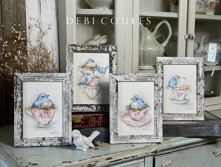 A Cozy Cup of Love – Original Bluebird Watercolor Painting  by Debi Coules