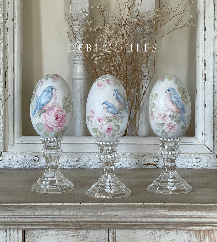 Debi Coules Hand-Painted Easter Egg with Stand – Bluebird and Pink Roses, Shabby Chic