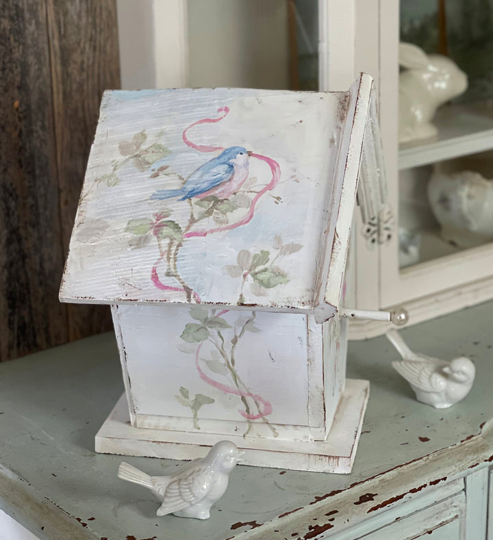 Shabby Chic  Large Hand-Painted Birdhouse with Roses, Bluebird and  Vintage Glass Pearl Perch – Signed by Debi Coules