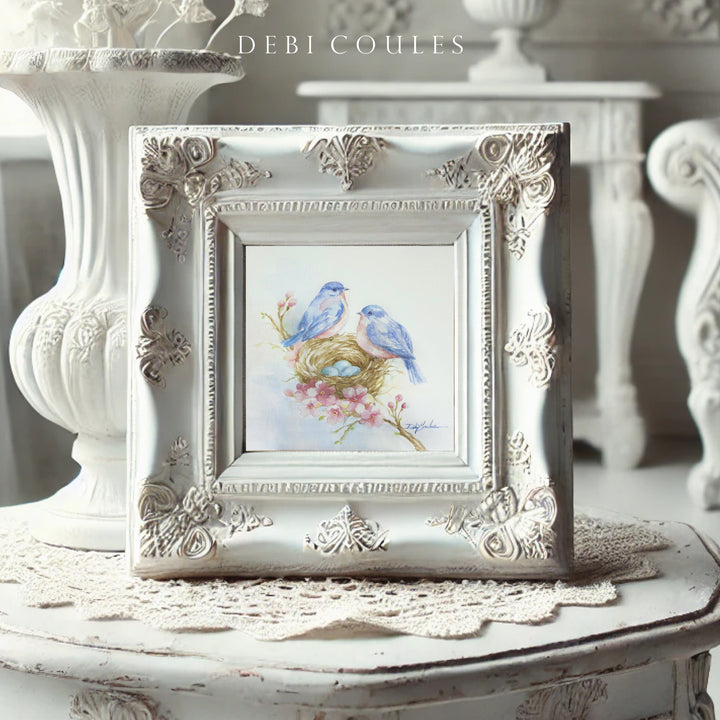 Rose Nest Retreat with Bluebirds Watercolor Fine Art Paper Print Cottage Style by Debi Coules Shabby Chic