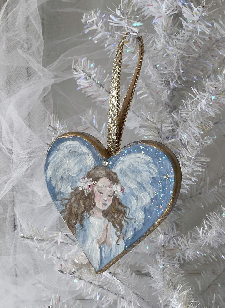 Angel Praying Heart Ornament Roses Swarovski Rhinestone Shabby Chic Original by Debi Coules