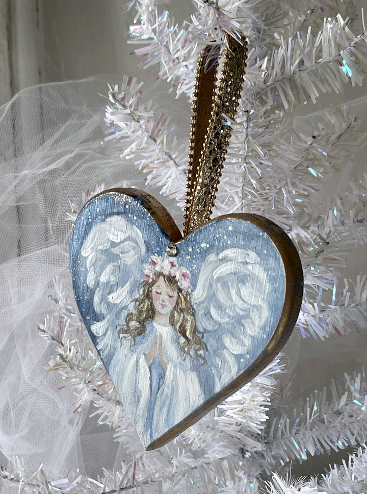 Angel Praying Heart Ornament Pink Roses Swarovski Rhinestone Shabby Chic Original Debi Coules