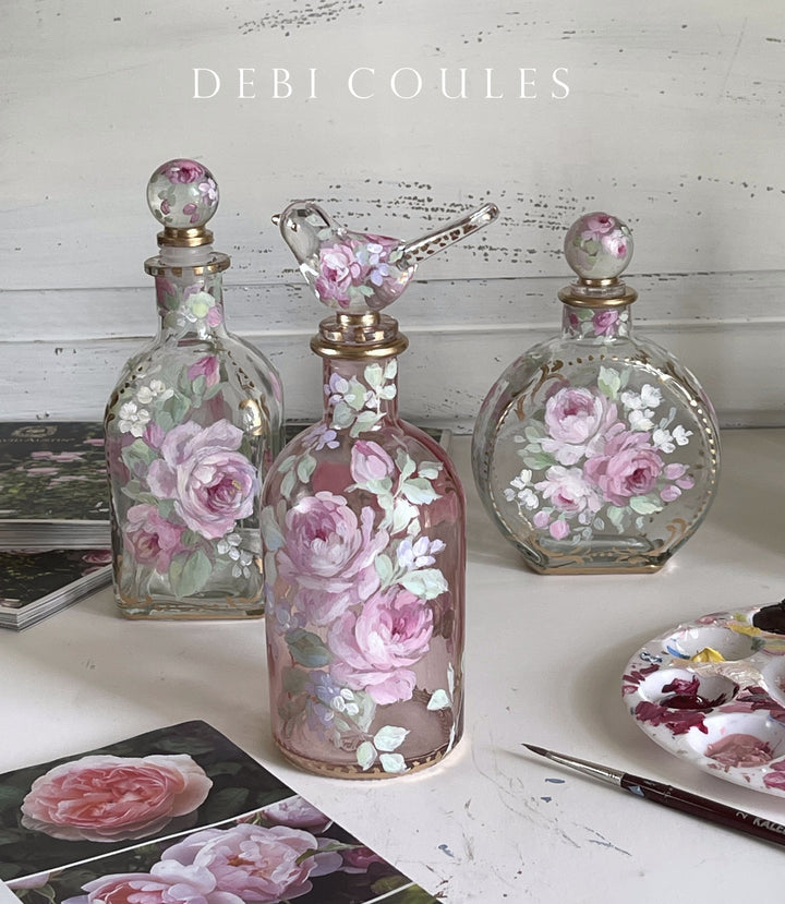 Shabby Chic Hand Painted Pink Roses Glass Perfume Bottle Original by Debi Coules