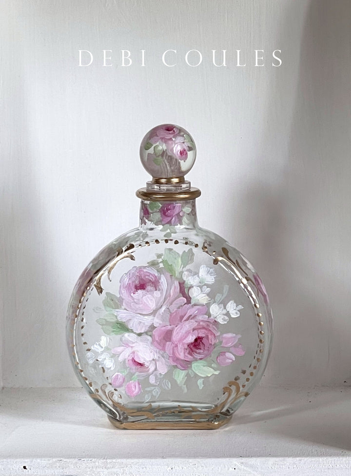 Shabby Chic Hand Painted Pink Roses Glass Perfume Bottle Original by Debi Coules