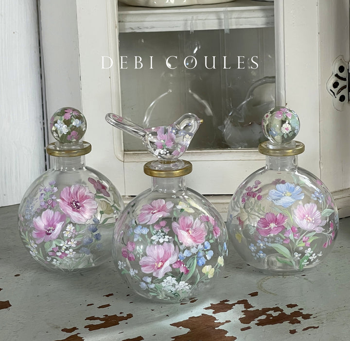 Hand-Painted Pink Wildflower Perfume Bottle-  by Debi Coules