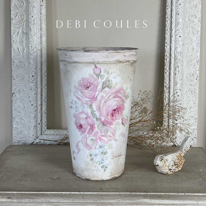 Vintage Shabby Chic Tapered Bucket with Hand Painted Pink Roses – by Debi Coules