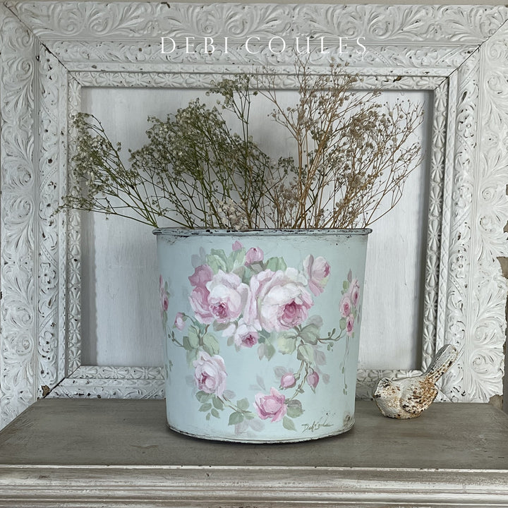 Shabby Chic Large Vintage Bucket with Rose Wreath – by Debi Coules