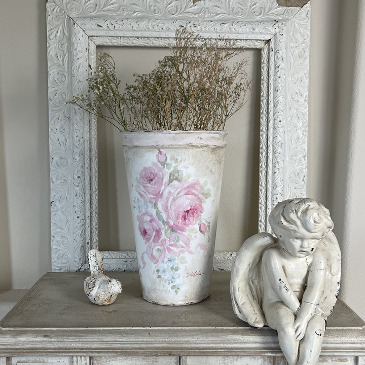 Vintage Shabby Chic Tapered Bucket with Hand Painted Pink Roses – by Debi Coules