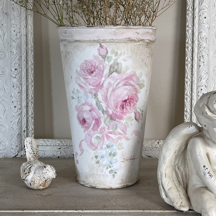 Vintage Shabby Chic Tapered Bucket with Hand Painted Pink Roses – by Debi Coules