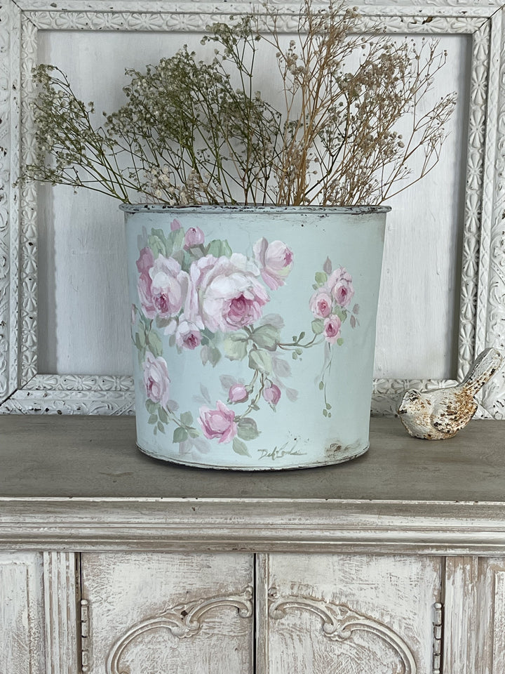 Shabby Chic Large Vintage Bucket with Rose Wreath – by Debi Coules