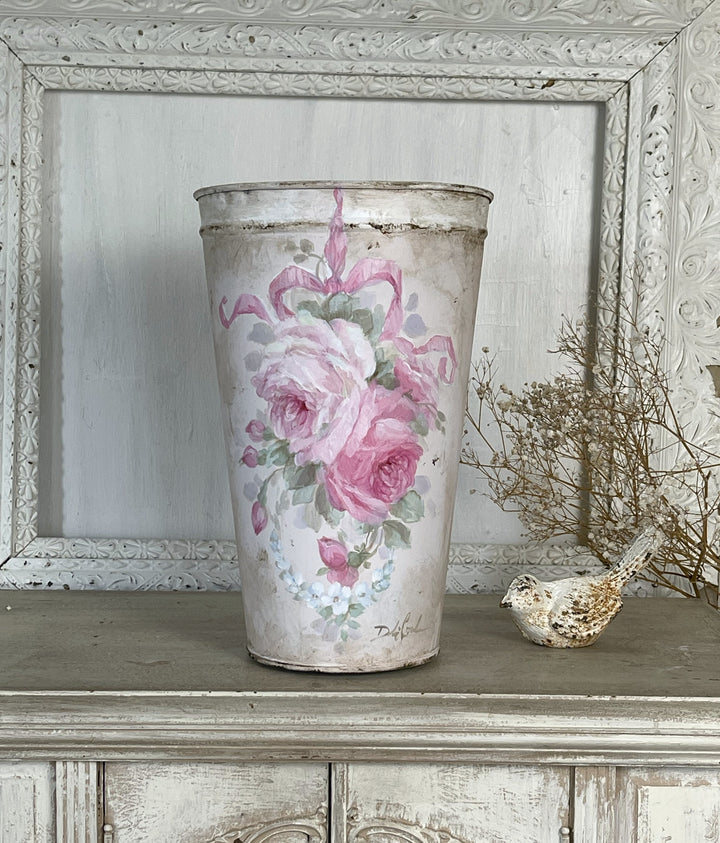 Vintage Shabby Chic Tapered Bucket with Hand Painted Pink Roses – by Debi Coules
