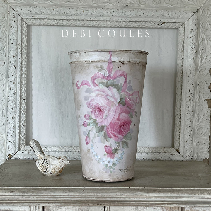 Vintage Shabby Chic Tapered Bucket with Hand Painted Pink Roses – by Debi Coules
