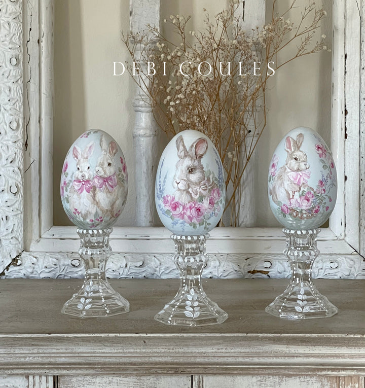 Hand-Painted Bunny Easter Egg with Pink Roses and Lavender – A Shabby Chic Treasure by Debi Coules