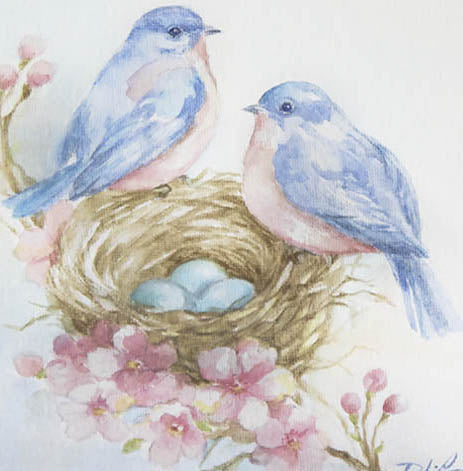 Rose Nest Retreat with Bluebirds Watercolor Fine Art Paper Print Cottage Style by Debi Coules Shabby Chic