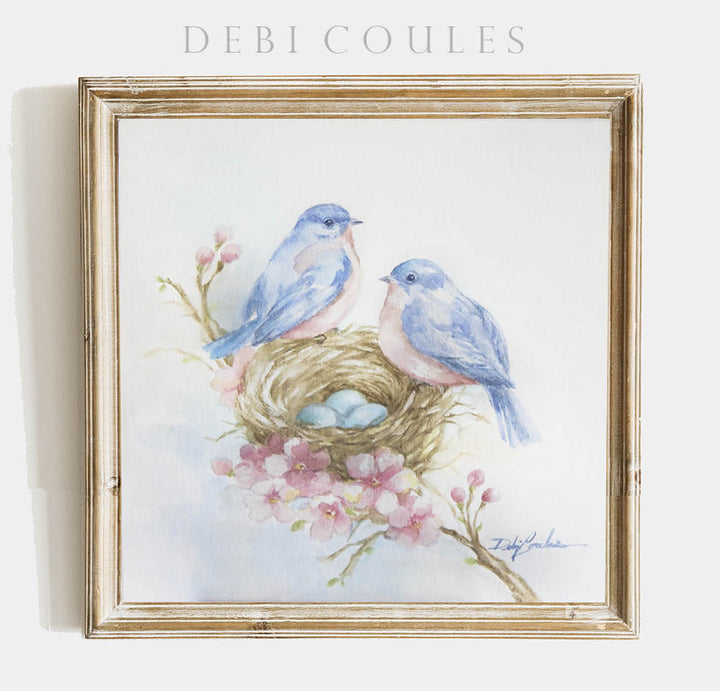 Rose Nest Retreat with Bluebirds Watercolor Fine Art Paper Print Cottage Style by Debi Coules Shabby Chic