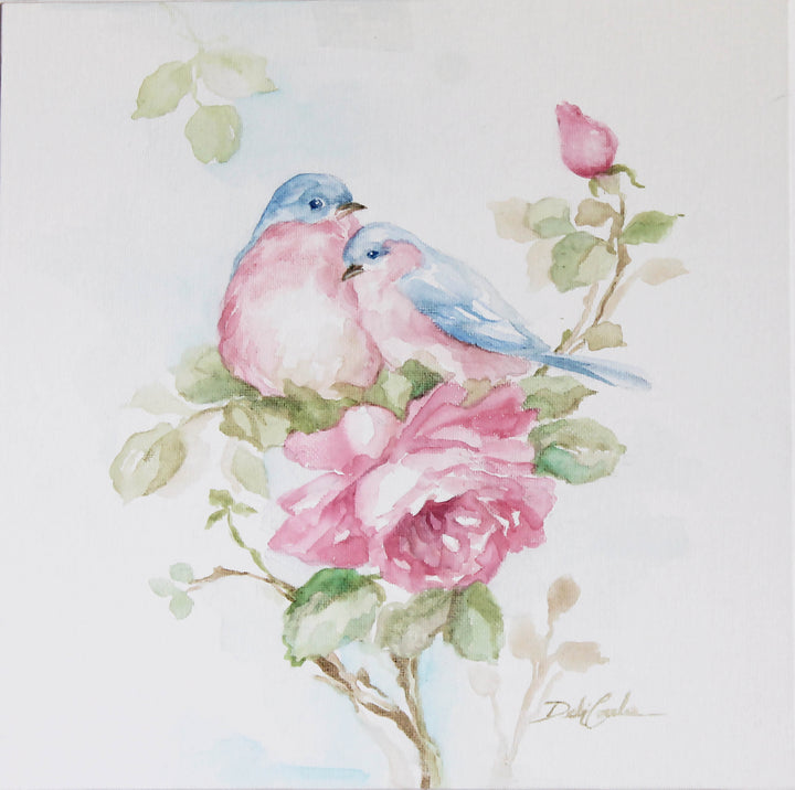 Shabby Chic Bluebirds Garden Watercolor Fine Art Paper Print by Debi Coules