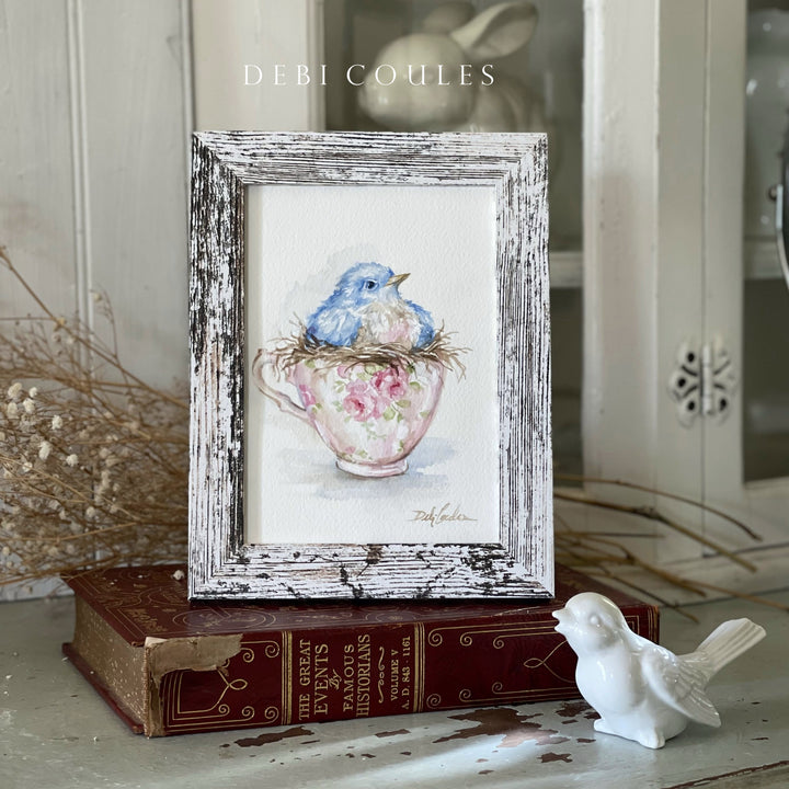 A Cozy Cup of Love – Original Bluebird Watercolor Painting  by Debi Coules