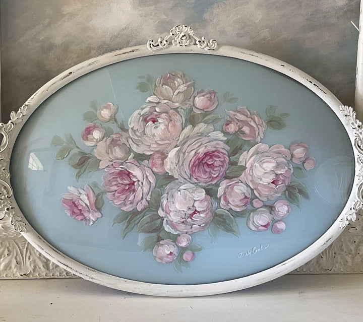 Shabby Chic Antique Peonies And Roses  Metal Framed Original Painting On Convex Glass by Debi Coules