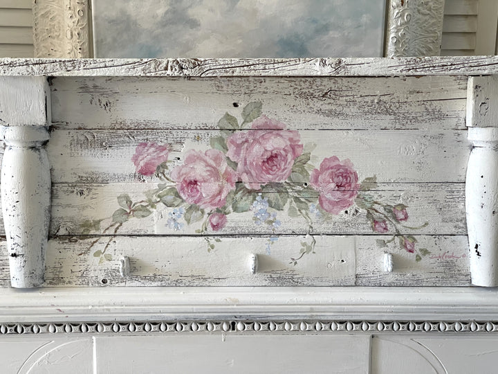 Shabby Chic Rustic Beauty Wood Hand Painted Roses Large Wall Shelf With Hooks Original By Debi Coules